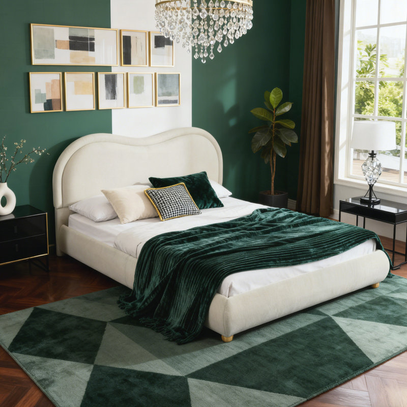 Upholstered Platform Bed Frame With Headboard, Queen, Beige