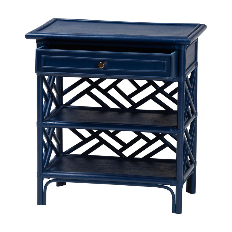 Table de chevet avec tiroir et tablettes ouvertes, Bleu