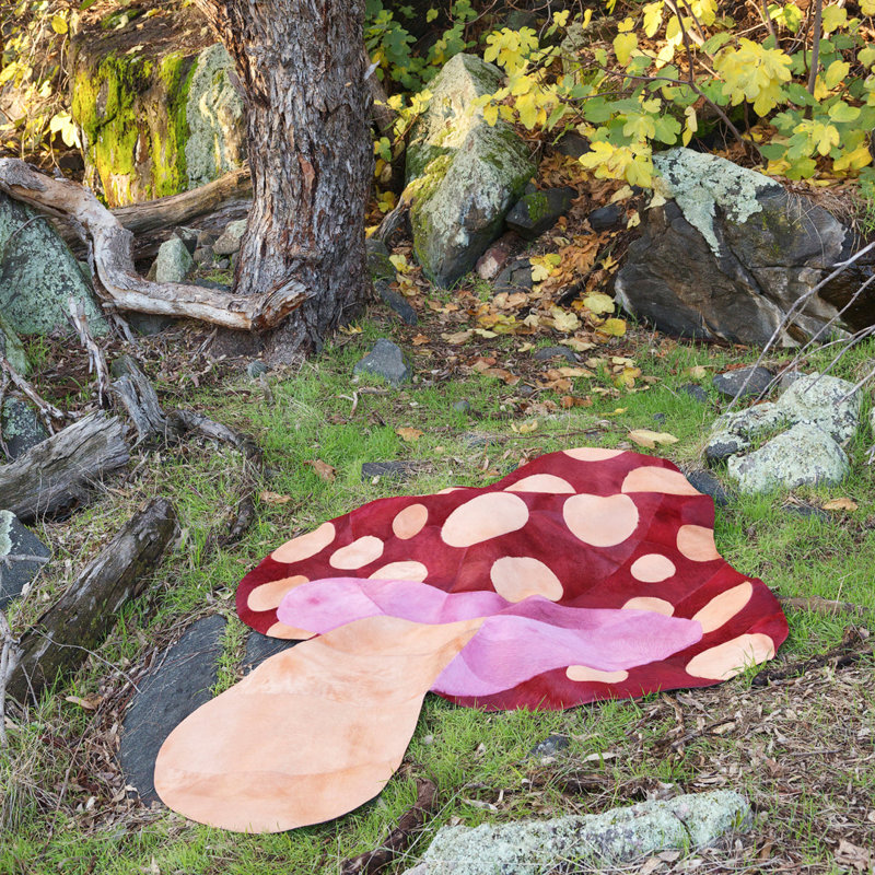 Funghi Cowhide Polka Dots Area Rug in Red/Pink/Nude, Slice/Wedge 5' x 8'