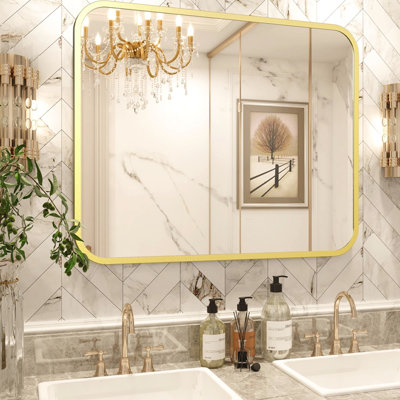 40" 32" Bathroom Wall Mirror, Gold Rectangle With Round Corners, Rust Coating, Shatterproof, Attractive Reflection For Bedroom Vanity Rectangular Shatterproof Glass, Polymer Coated, Hd &