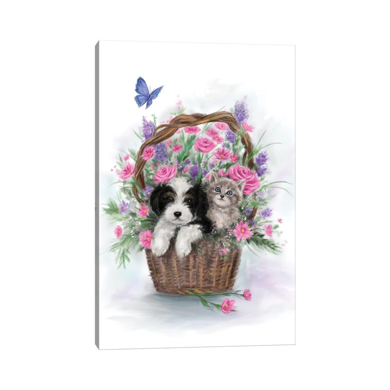 Dog And Cat In Flower Basket by MAKIKO - Wrapped Canvas Print, 20.32 cm H x 30.48 cm W