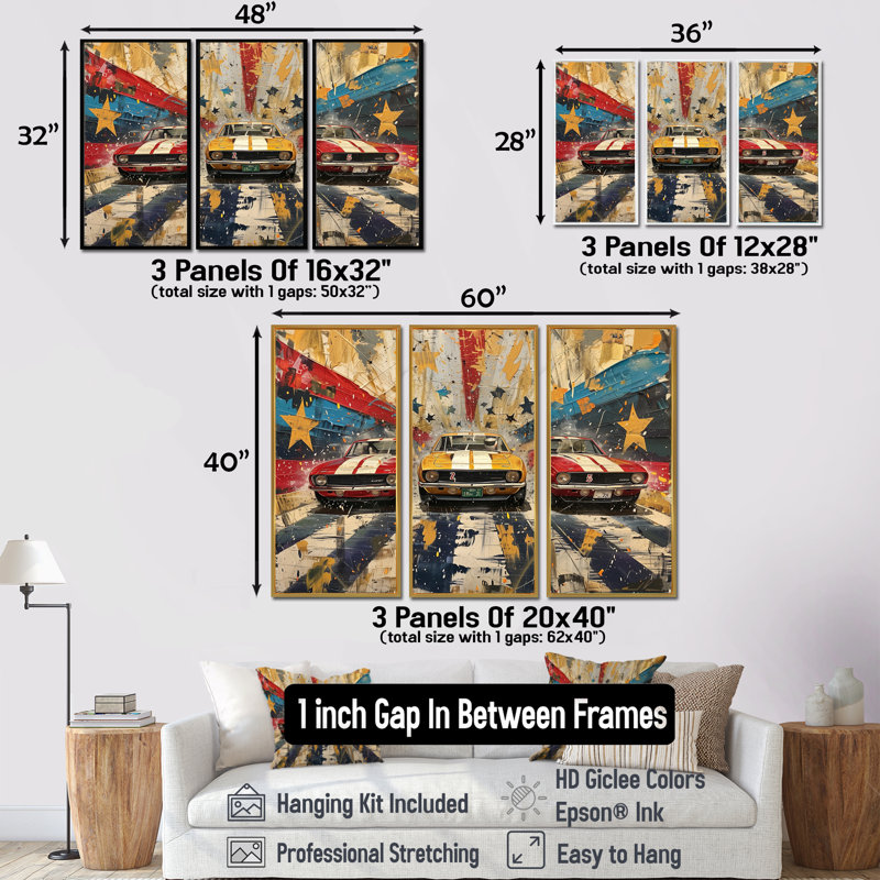 Drapeau américain couleur de la course rétro Muscle Race II - ensemble de décorations murales, H 28 po x l 36 po x P 1 po