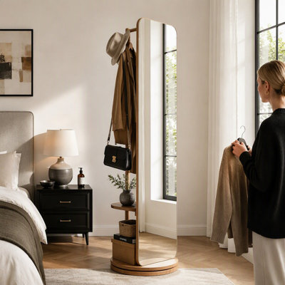 Miroir pleine grandeur rotatif à 360 ° avec portemanteau, miroir corporel en bois massif avec crochets et tablettes de rangement, portemanteau autoportant