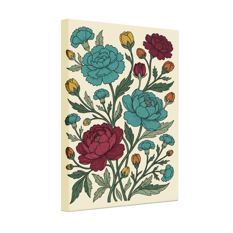 Plantes et fleurs à motif floral bleu sarcelle et rouge, H 24 po x l 16 po
