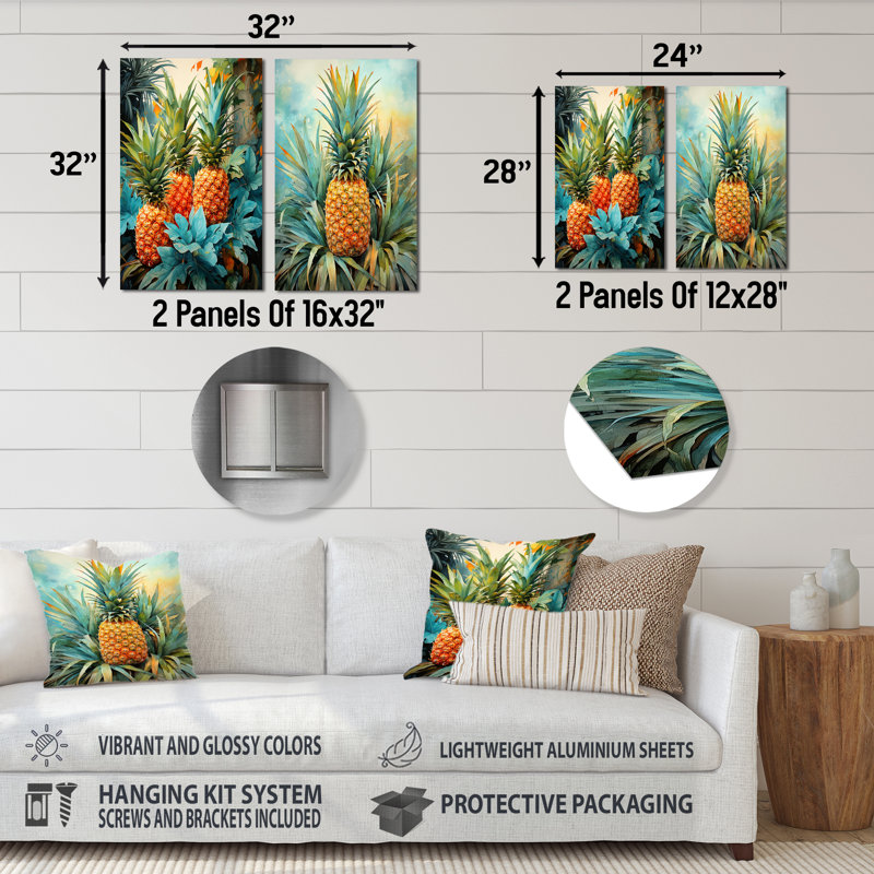 Ensemble de salon vert et bleu avec ananas tropicaux I - fruits, art mural en métal, H 32 po x l 32 po