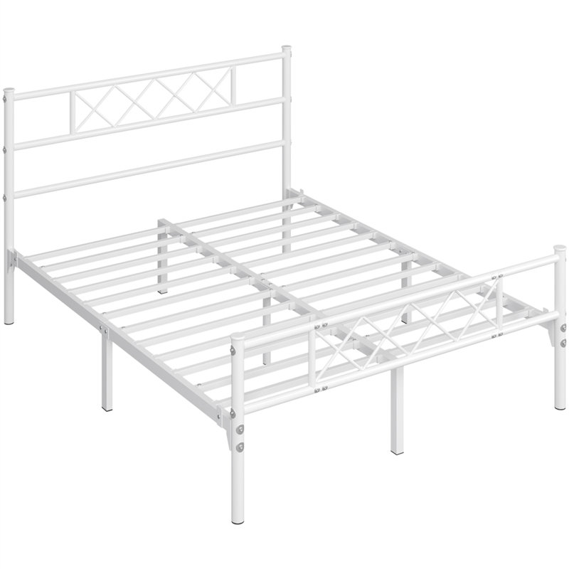 Modern Metal Bed Frame with Cross-design Headboard & Footboard, Double (4'6), White