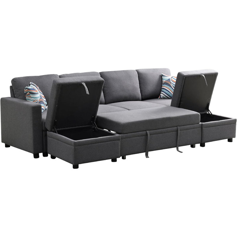 102" 6-Pieces Convertible Sofa Couch With Pull Out Bed And Storage, Gray