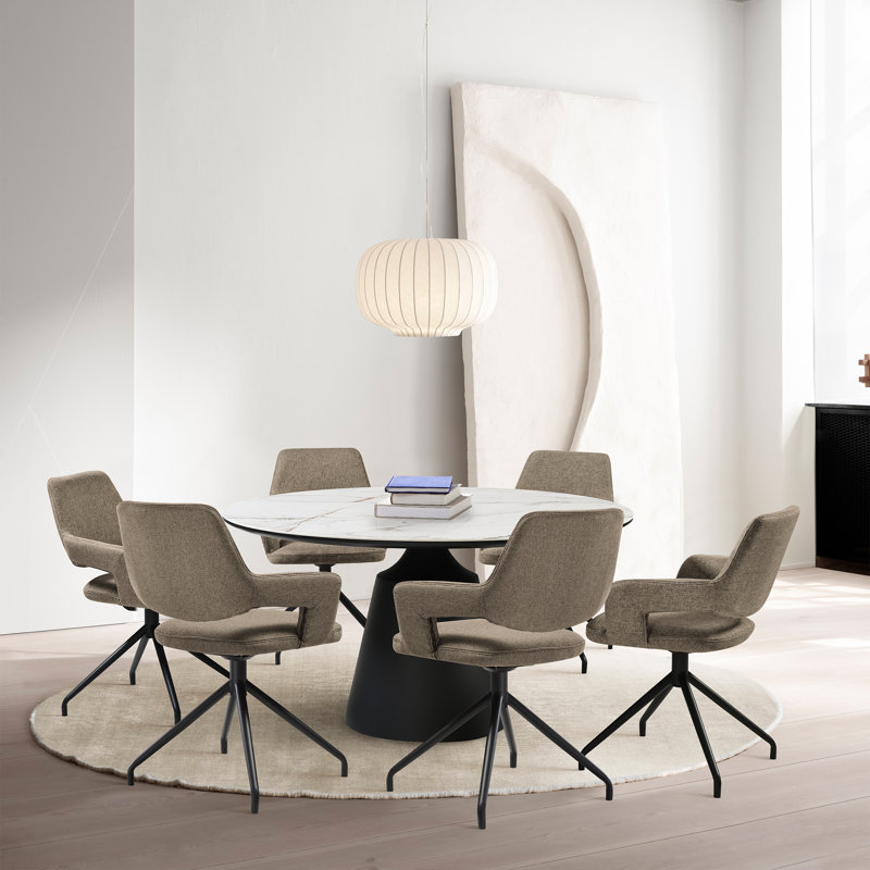 Ensemble de salle à manger à piédestal moderne 7 pièces Asiye avec plateau en pierre et chaises pivotantes rembourrées, Café