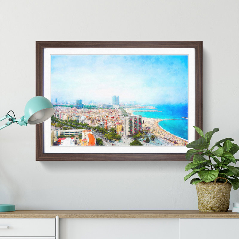The Barcelona Skyline in Spain - Picture Frame Painting Print, 33cm H x 45cm W x 2cm D, Walnut Framed