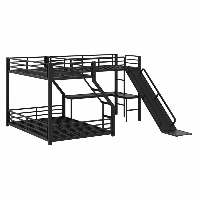 Lit superposé en L avec lit mezzanine, glissade et ports USB, Simple TG sur grand sur simple