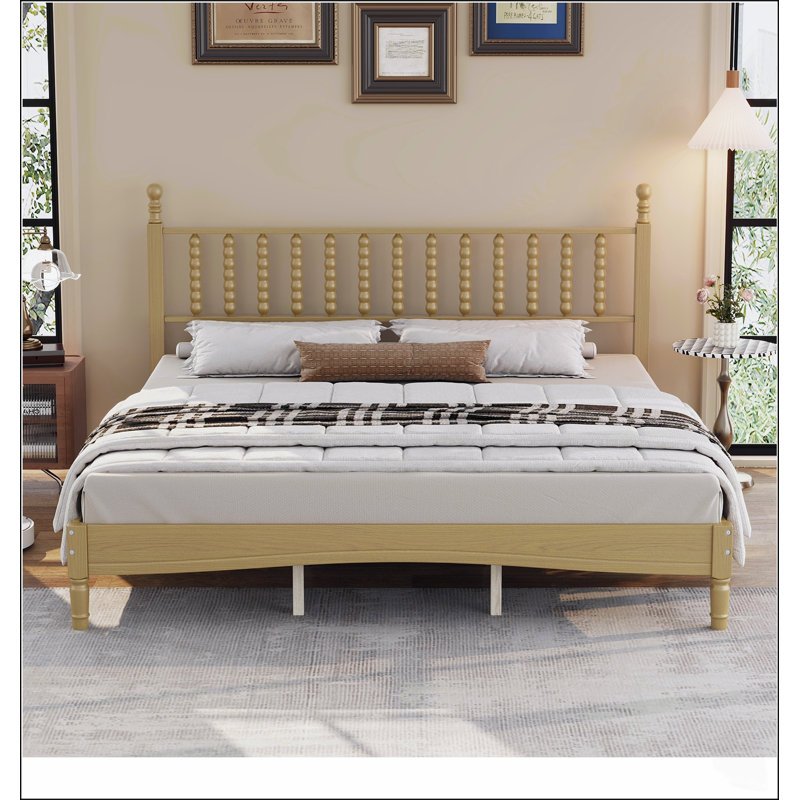 Lit plateforme en bois King Size avec tête de lit en forme de gourde, style rétro avec sommier à lattes en bois