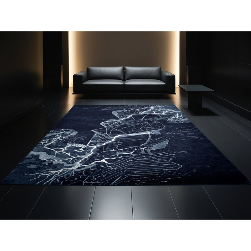 Soft Plush Faunce Susanoo Modern Geometric Area Rug in Blue – Navy Binding, 8x12