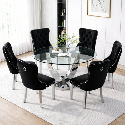 47.2" Modern Round Glass Dining Table Set for 6, Metal Pedestal Dining Table with Velvet Upholstered Chairs