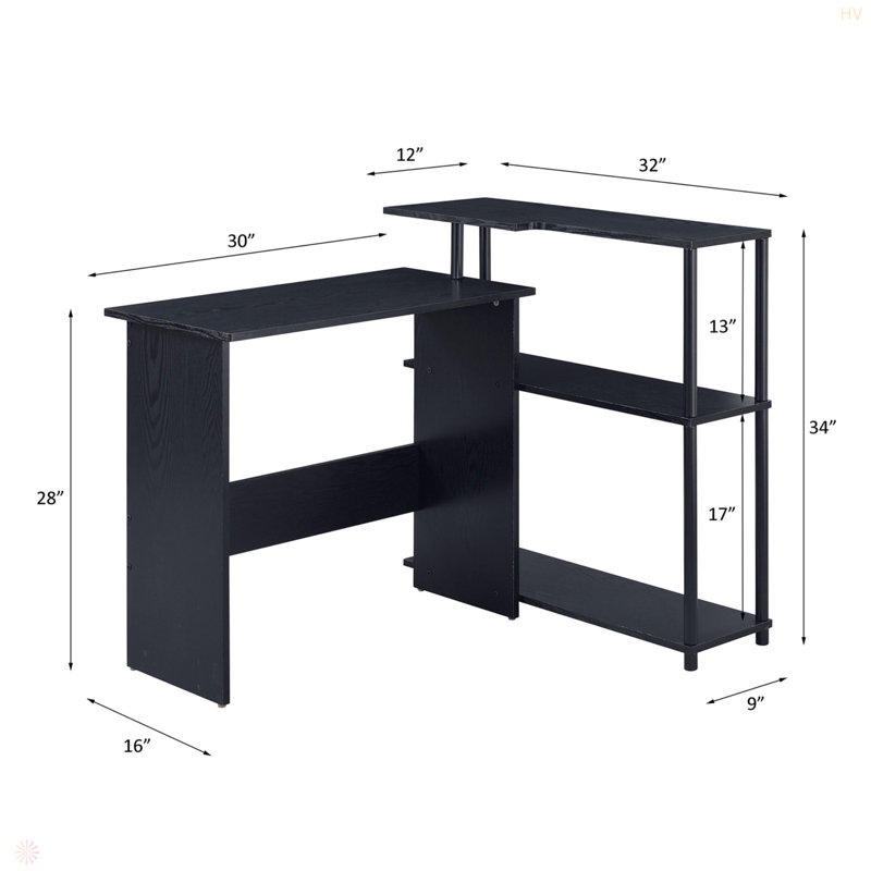 Rectangular Writing Desk With Side Shelf, Black