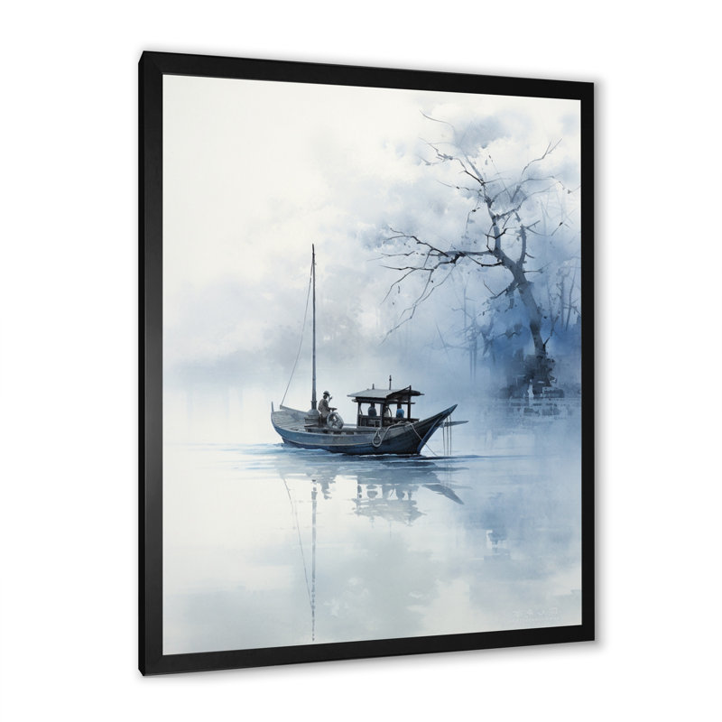 Art asiatique, bateau bleu - impression, Toile encadrée noire simple, H 20 po x l 12 po x P 1 po