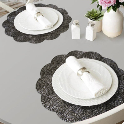 Meribelle Round Beaded Placemats Set of 2 Handmade Floral Table Mats for Elegant Christmas Decor