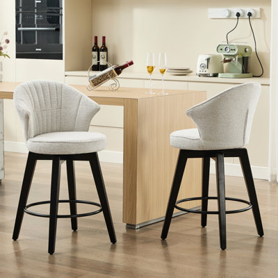 Tabouret de bar pivotant à hauteur de comptoir de 25 po de 25 pi avec 2 pieds en bois massif, revêtement en chenille, pieds nivelants, blanc, idéal pour un pub à la maison, un îlot de cuisine, une salle à manger, une salle à manger de 2 pi