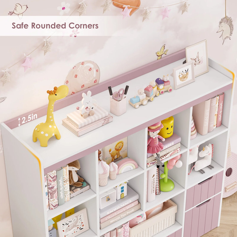 Castle White Bookshelf, 4-Tier Open Shelf Bookcase, 9 Cube Storage Organizer and 5 Drawers with Anti-Tilt Device, Freestanding Horizontal Bookshelf Cube Shelf for Bedroom, Living Room