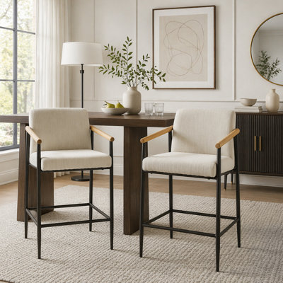Ensemble de 2 tabourets de comptoir de style moderne Mid-Century avec structure en métal et accoudoirs en bois