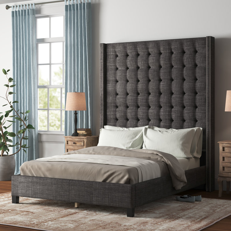 Kaster Upholstered Wingback Bed, Pewter Grey Linen, Queen
