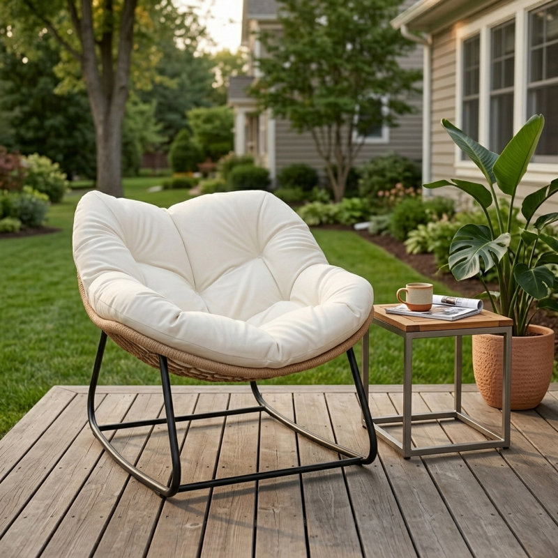 Fauteuil à bascule berçant avec coussin épais - Osier PE tissé à la main, structure en acier thermolaqué, utilisation intérieure / extérieure pour patio, jardin et balcon