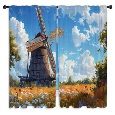 Traditional Windmill Window Curtains  Landscape Rural Architecture Drapes - 2 Panels
