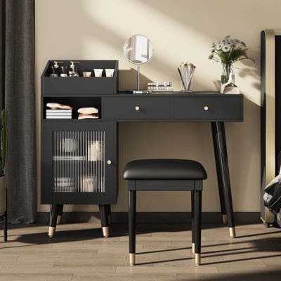 Meuble-lavabo moderne avec tiroirs, armoire et port de charge, ensemble de coiffeuse avec tabouret pour petits espaces, noir