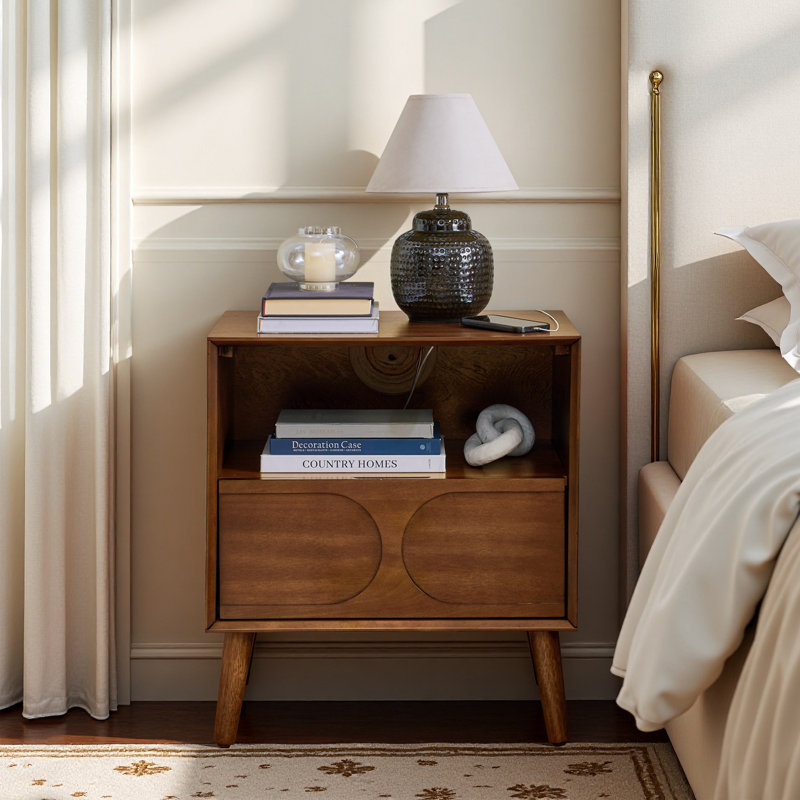 Table de chevet Mid-Century avec station de charge et tiroir, table de bout pour chambre à coucher