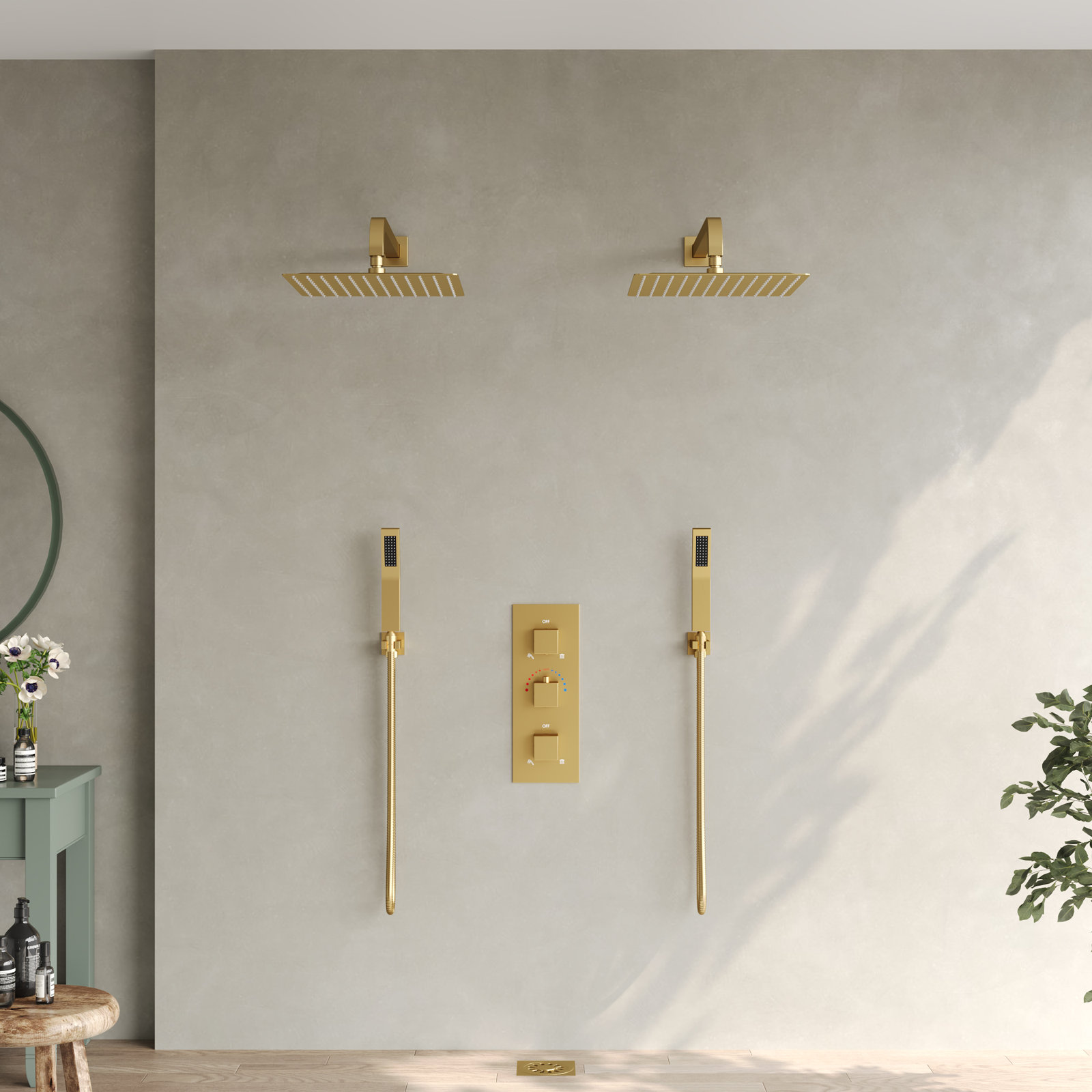 12" Thermostatic Dual Showerhead System, Brushed Gold