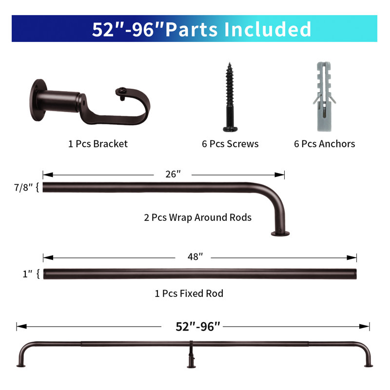 Aariel Steel Adjustable 1'' Single Curtain Rod, 52"-96", Bronze