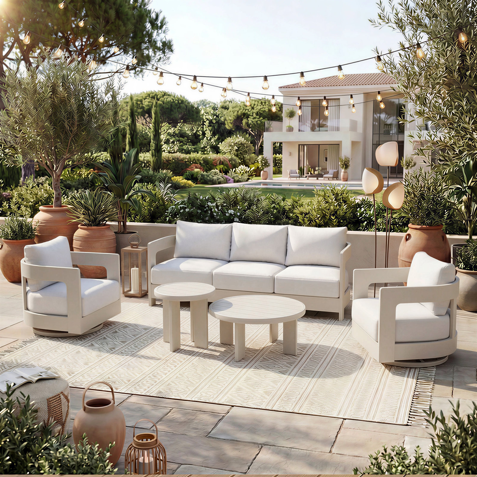 Frances 5-Person Sunbrella® Patio Seating Group, White Cushion/Champagne Frame