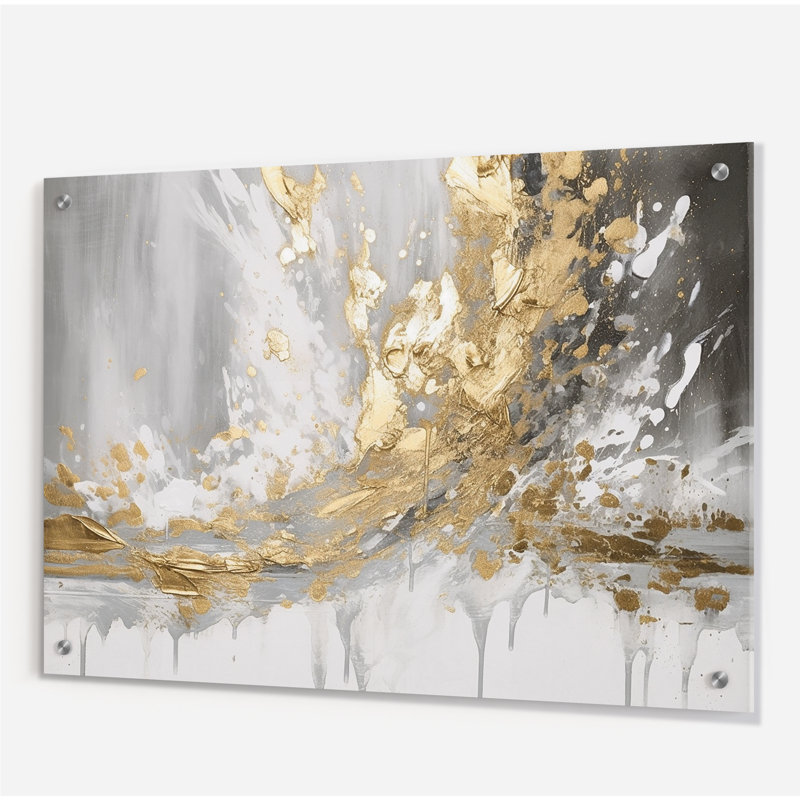 Or et blanc se rencontrant - Art mural abstrait en acrylique pour le salon, H 24 po x l 32 po