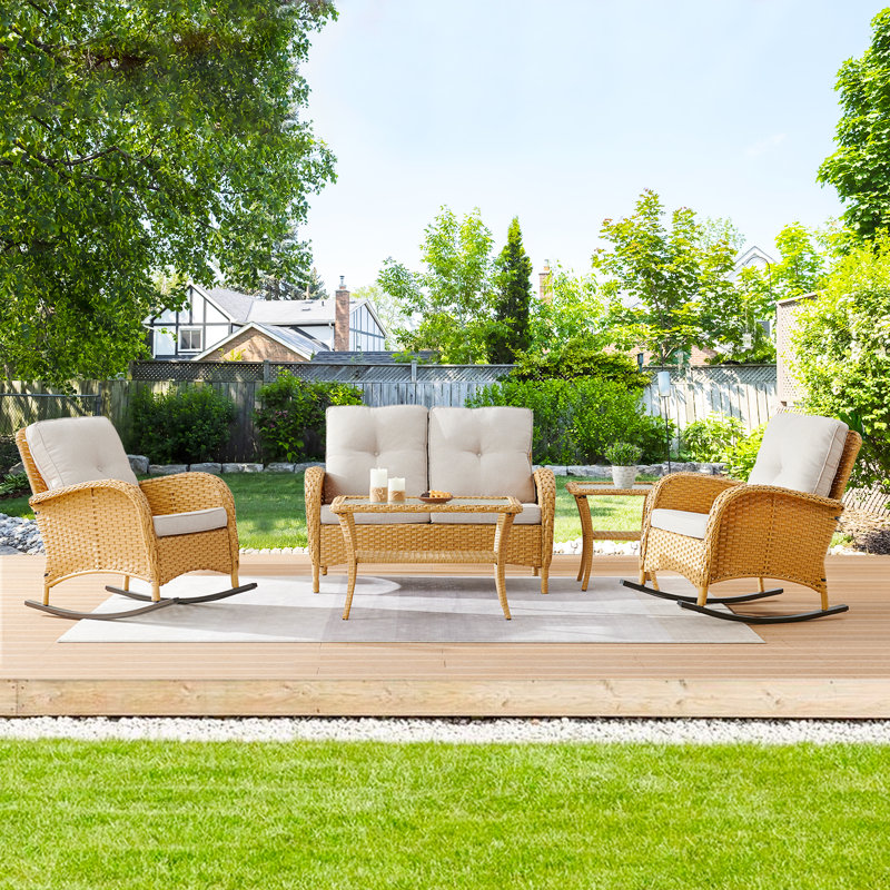Ensemble de patio complet pour 4 personnes avec coussins Aluel, Beige, Jaune
