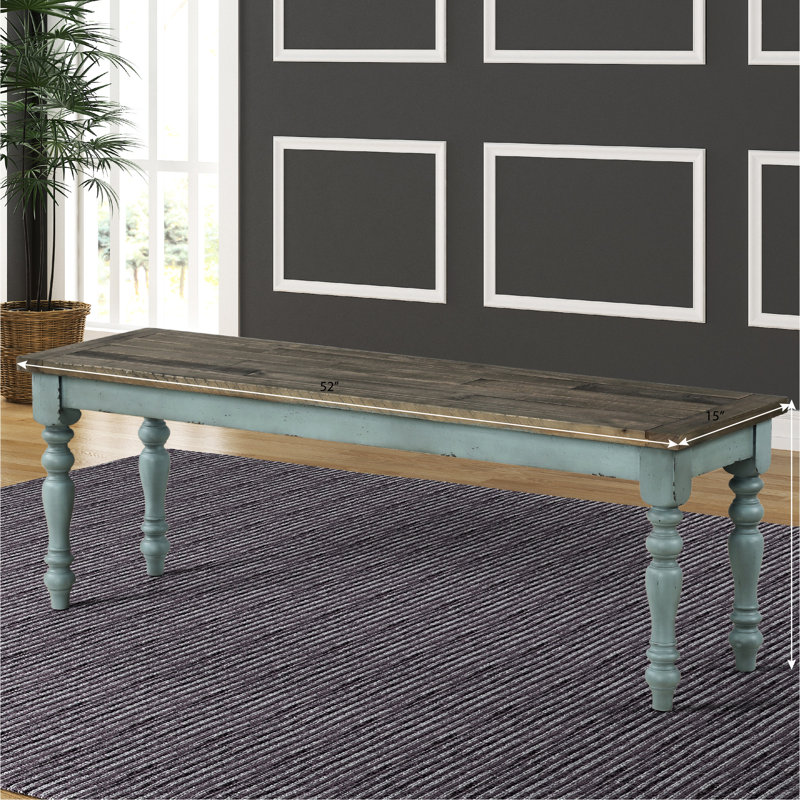 Banc de salle à manger bleu patiné avec siège en grain de bois naturel - revêtement blanc antique