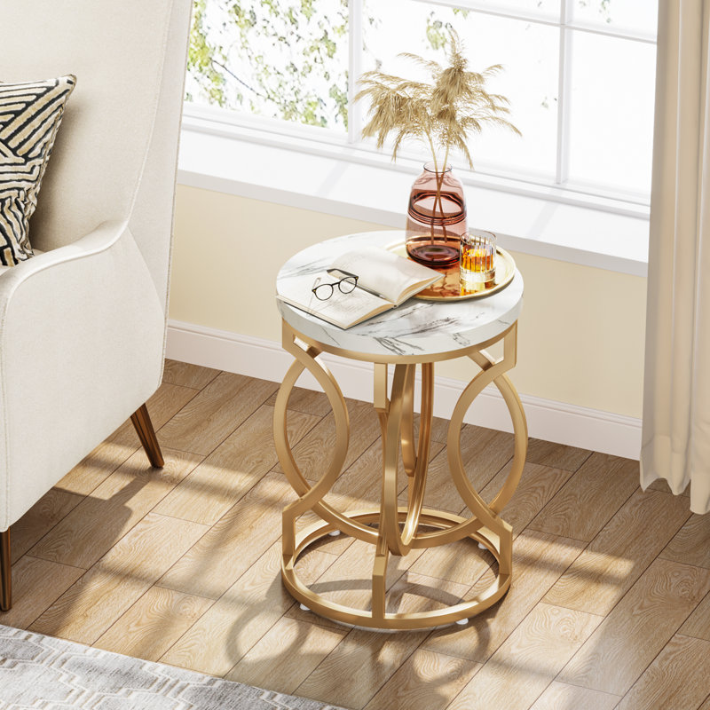 Modern Round End Table Set Of 2 With Faux Marble Texture Surface, White And Gold 20" Round Side Table Cocktail Table Accent Table