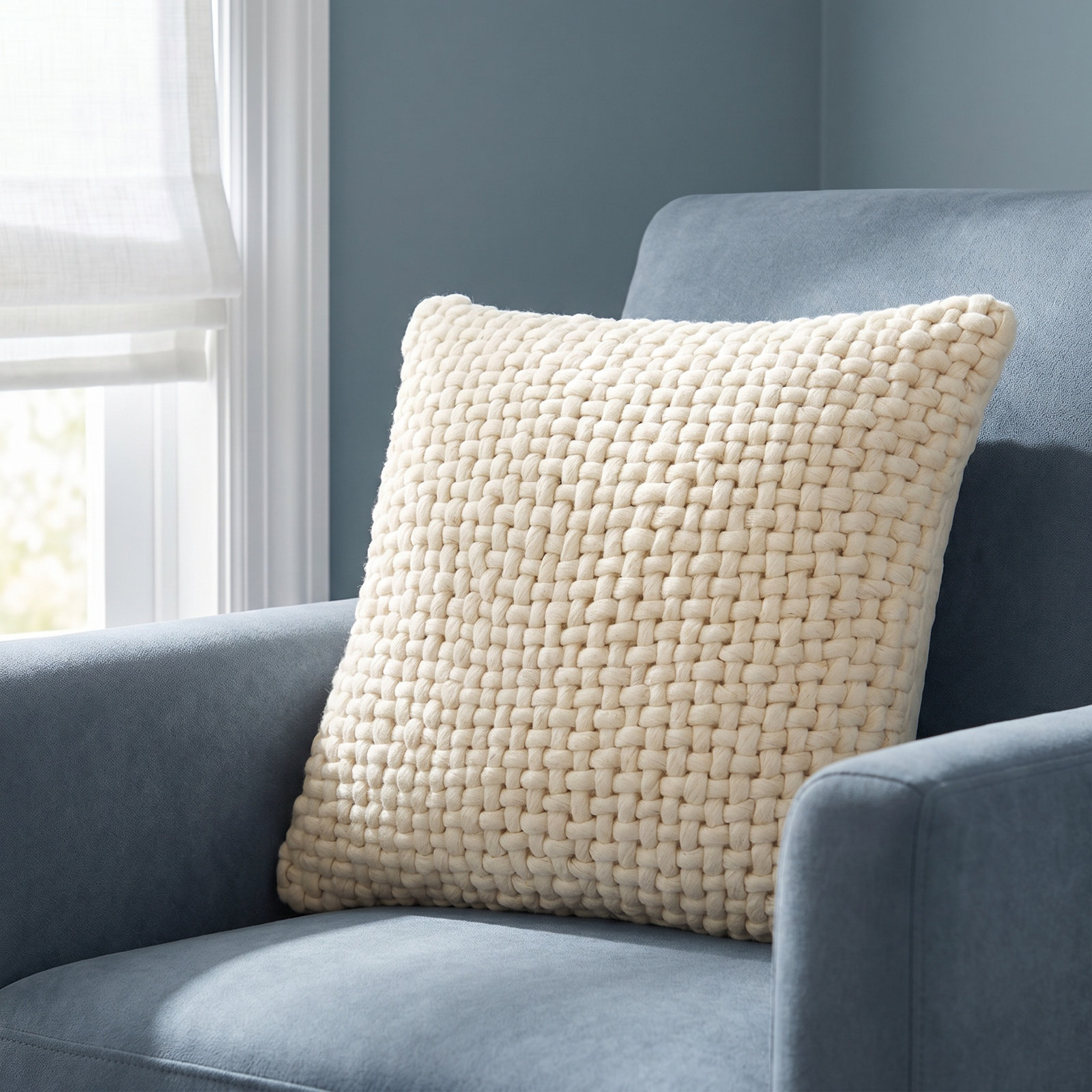 Belel Wool, Cotton Throw Pillow, Cream, Down, 22" x 22"