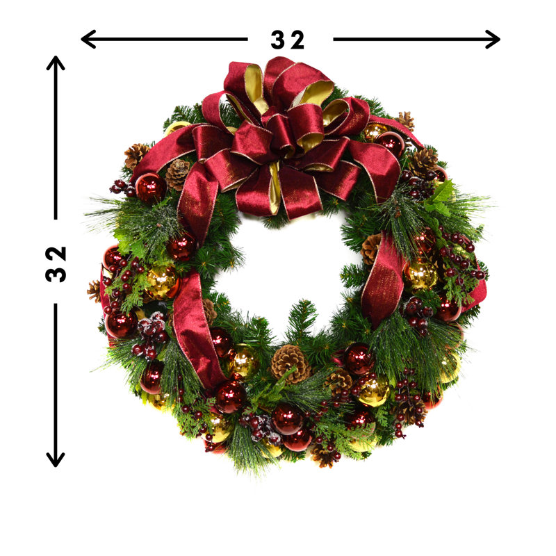 32" Evergreen Wreath With Berries, Ornaments And A Velvet Bow
