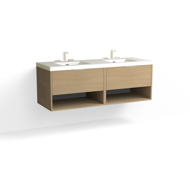Modo 60" W Wall Mounted Double Bathroom Vanity, White Acrylic, Satin Nickel, Glossy White/Single