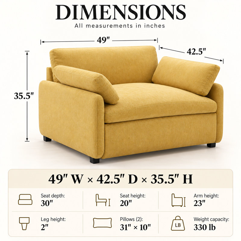 Fauteuil surdimensionné en chenille de 50 po de large Orelvessique avec assise profonde, coussins amovibles et 2 coussins