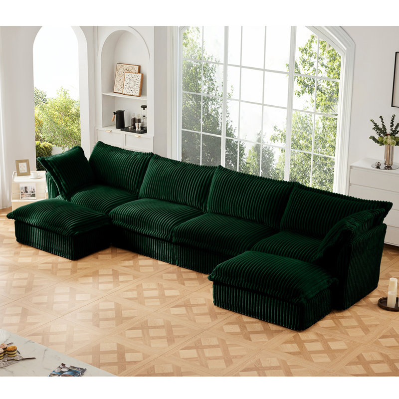 Canapé modulaire 4 places avec 2 repose-pieds, canapé modulaire, H 34,6 po x l 156,6 po x P 55 po, 6, Vert