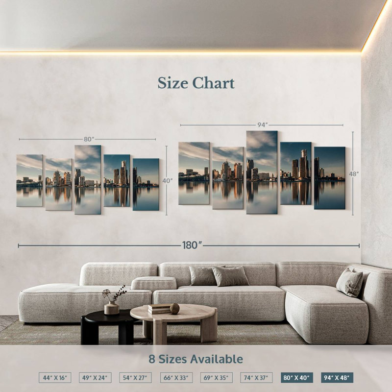 " Detroit Skyline Reflection " 5 - Pieces, 40" H x 80" W x 1.25" D