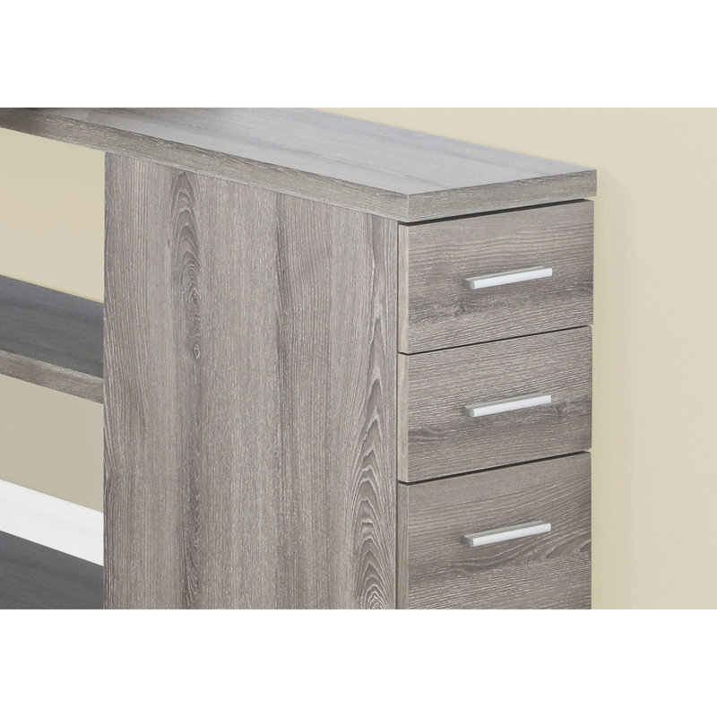 Bureau d'ordinateur en forme de L pour bureau à domicile, espaces de rangement, bureau moderne en stratifié brun et métal gris, options, taupe