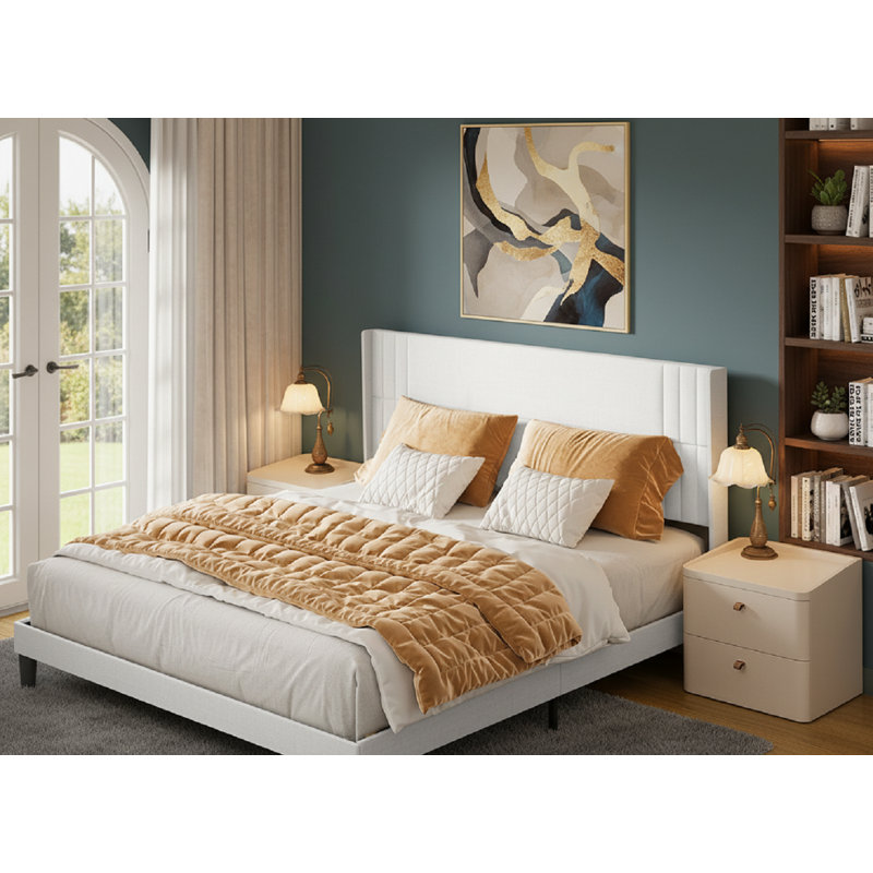 Bettyjean Wingback Platform Bed: Wood & Metal Frame + Underbed Storage, White, King