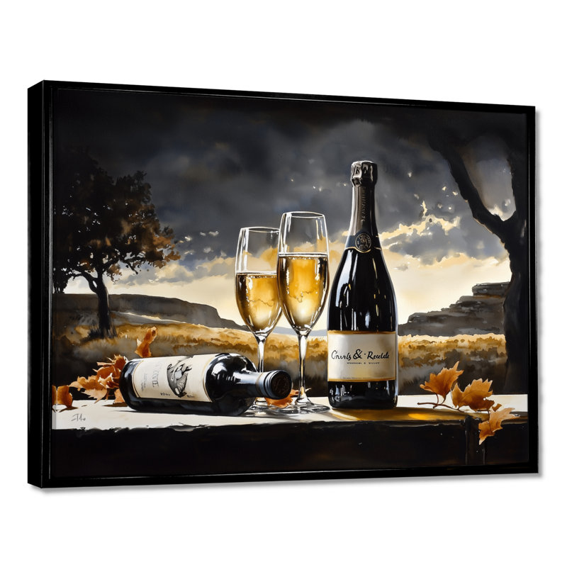Reproduction d'art vin et champagne, H 16 po x l 32 po, Reproduction avec cadre flottant, Noir