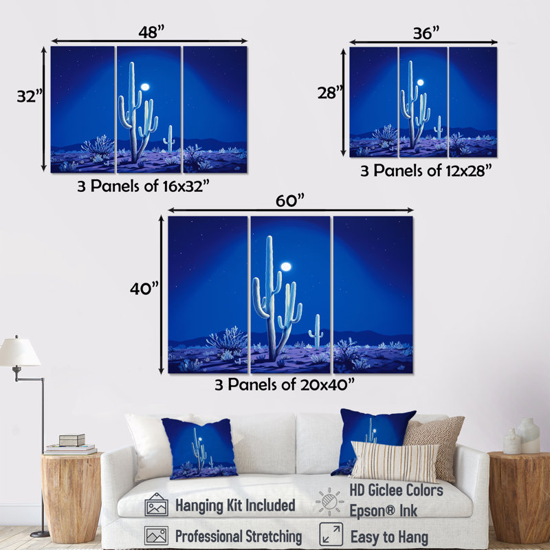Cactus saphir solitude - ensemble de reproductions d'art mural floral cactus, H 28 po x l 36 po x P 1 po