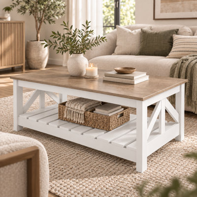 Table basse de style champêtre avec tablette de rangement ouverte, table centrale multifonctionnelle en bois pour salon