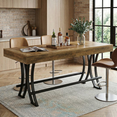 Table de bar à hauteur de comptoir industrielle 63 po, grande table de pub rectangulaire avec repose-pieds en métal, unité de bar maison