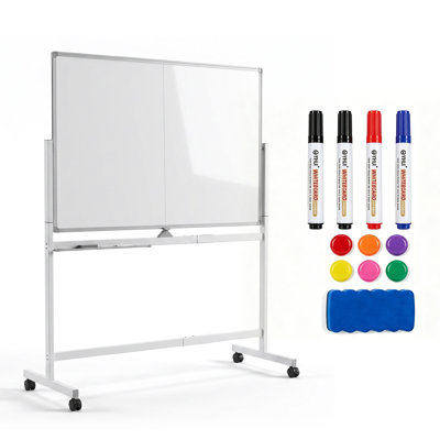 Mobile Magnetic Dry Erase Whiteboard on Wheels with Stand - Double-Sided Rotating Rotate Board, Locking Casters, Easy-Clean Surface for Office/Training/Home - White, 48"×36"