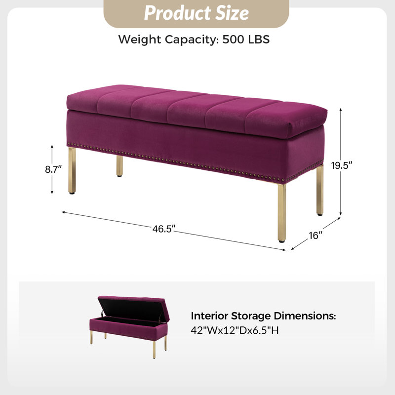Baily 46.5'' W Modern Velvet Storage Bench, Fuchsia
