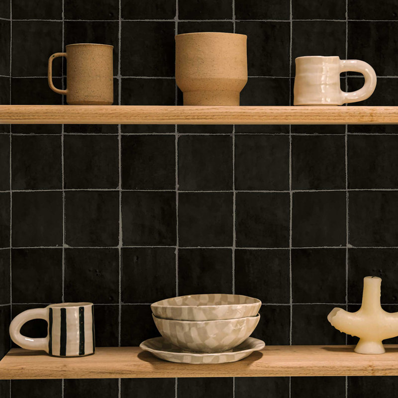 Zellige Tile Peel and Stick Wallpaper By Jeremiah Brent, 33" L x 20.5" W, Black